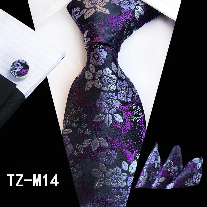 Ricnais Fashion 8cm Men's Silk Tie Set Red Green Floral Handkershief Cufflinks Necktie Suit Business Wedding Neck Ties Set Gift