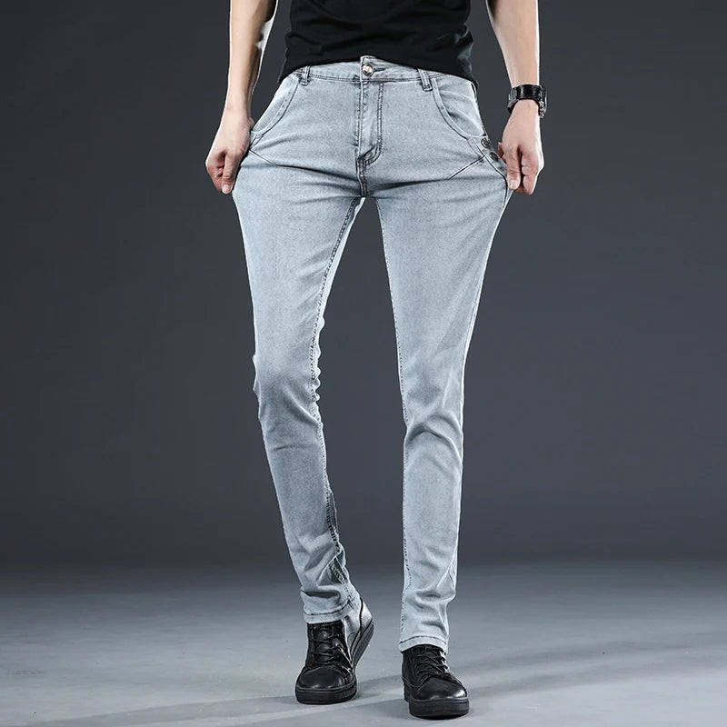 Trendy Men Skinny Jeans Retro Washed Snowflake Slim Fit Type Classic Simple Casual Fashion Street Skateboarding Denim Pants
