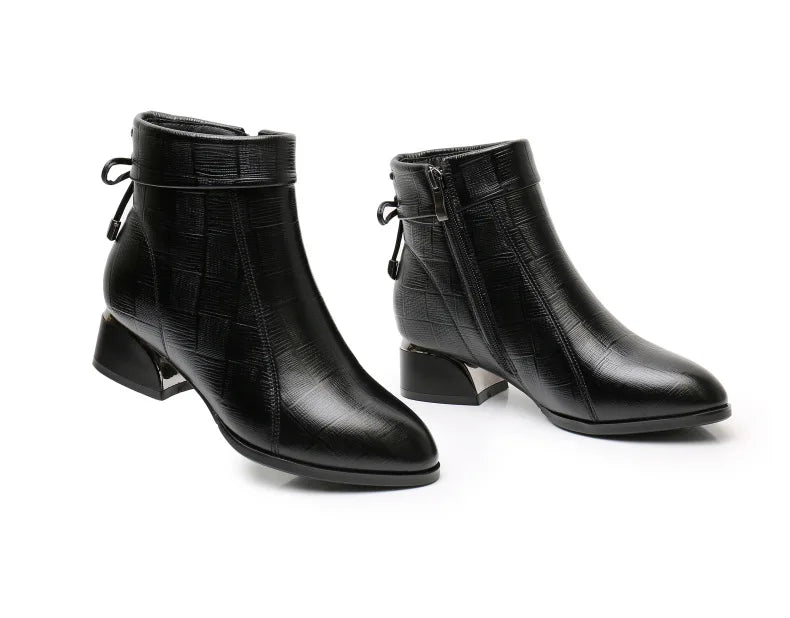 GKTINOO New Ankle Boots Women Pointed Toe Thick Heels Genuine Leather Shoes Short Boots Soft Sole Footwear Plus Size 35-43
