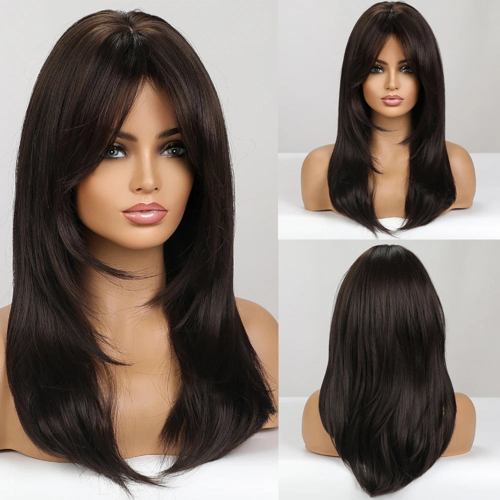 ALAN EATON Long Straight Layered Synthetic Wigs with Bangs Blonde Highlights on Brown Wigs for Black Women Afro Daily Party Hair