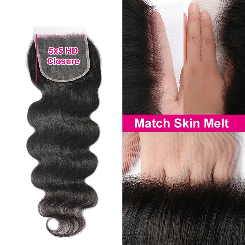 UNICE Hair Body Wave Bundles With 5X5 HD Lace Closure Human Hair Bundles With 4X4 Lace Closure 8-30 Inch Human Hair Weave Bundle