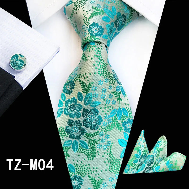 Ricnais Fashion 8cm Men's Silk Tie Set Red Green Floral Handkershief Cufflinks Necktie Suit Business Wedding Neck Ties Set Gift