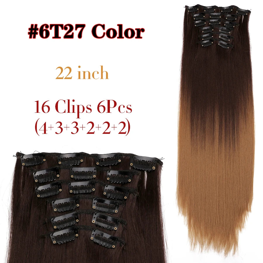 Clip-In Hair Extensions Syntetic Hair 22Inch Long Wave Hair Extensions Ombre Cclip-In One Piece 6Pcs/Set Fake Hairpiece