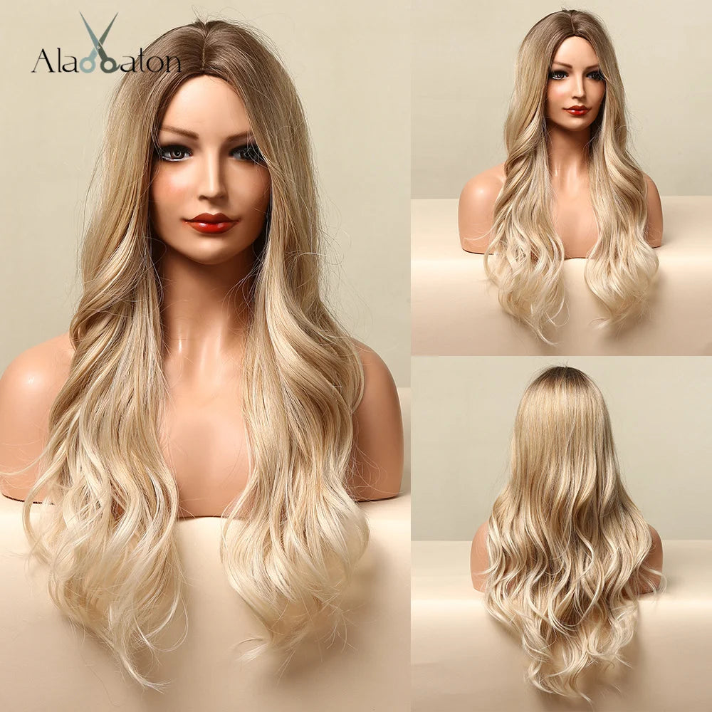 ALAN EATON Long Wave Dark Brown Synthetic Wigs for Black Women Middle Parted Wigs with Highlights Cosplay Hair Heat Resistant