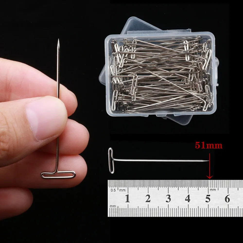 50/100pcs Long T pins Silver Wig Pins for Wigs Making/Display On Mannequin Canvas Head 38/51mm T pins needle Salon Styling Tools