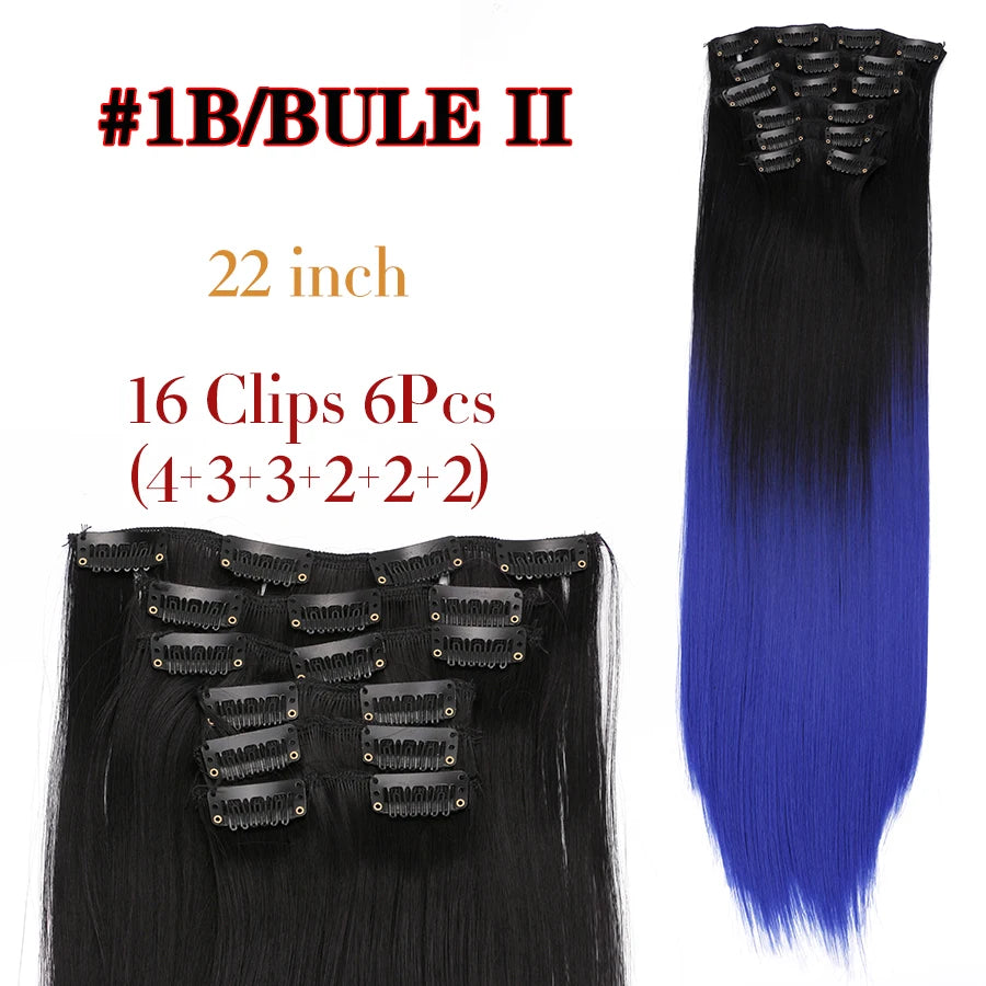 Clip-In Hair Extensions Syntetic Hair 22Inch Long Wave Hair Extensions Ombre Cclip-In One Piece 6Pcs/Set Fake Hairpiece