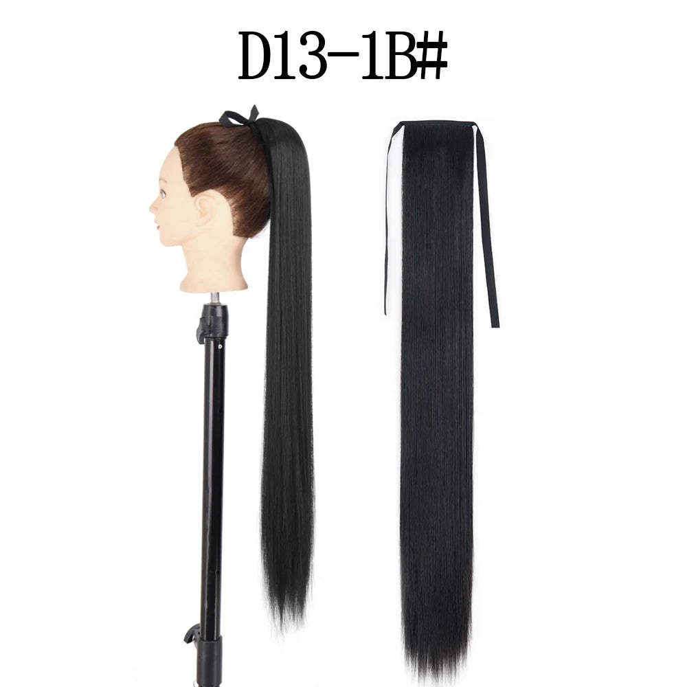 LISI GIRL Synthetic 34" 22" Long Straight Ribbon Fake Ponytails Clip on Hair Tail Extensions Black Hair Pieces With Hairpins
