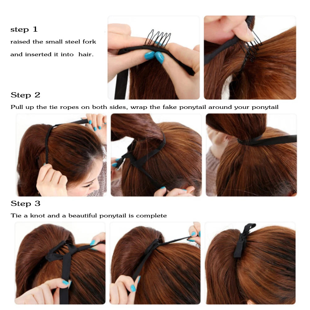 LISI GIRL Synthetic 34" 22" Long Straight Ribbon Fake Ponytails Clip on Hair Tail Extensions Black Hair Pieces With Hairpins