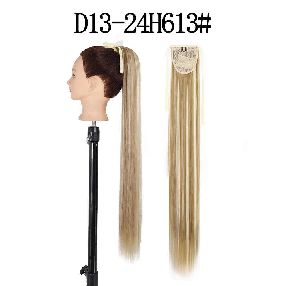 LISI GIRL Synthetic 34" 22" Long Straight Ribbon Fake Ponytails Clip on Hair Tail Extensions Black Hair Pieces With Hairpins