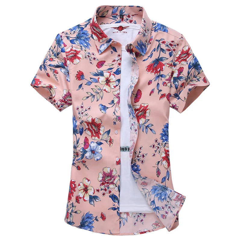 2026 Summer Mens Hawaiian Shirt, Printed Short Sleeve Asian Sizes Hawaii Rose Flower Beach Floral Patterns Shirts S-7XL