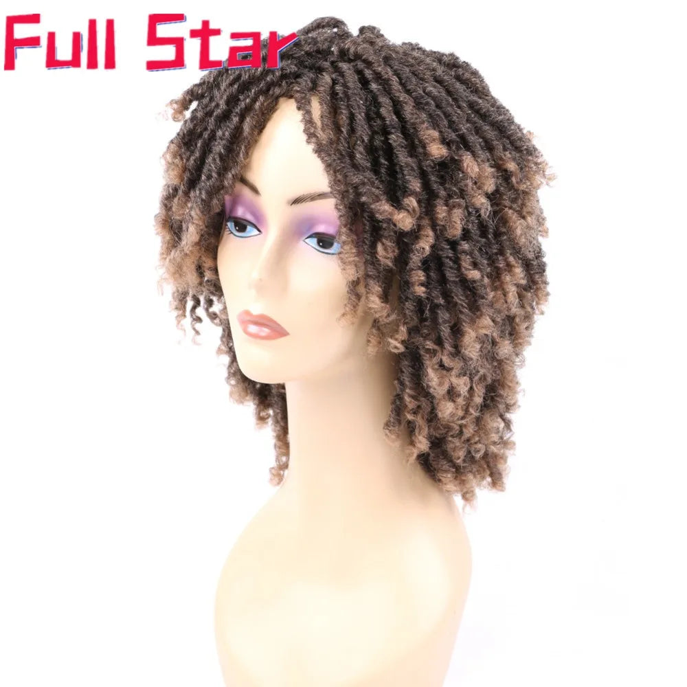 Full Star 14“ Dreadlock Curly Wigs for Black Woman Ombre Burgundy Brown Color Short Curly Soul Locs Braids Wigs Party Daily Use