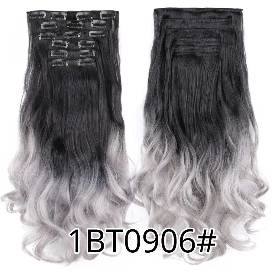 Clip-In Hair Extensions Syntetic Hair 22Inch Long Wave Hair Extensions Ombre Cclip-In One Piece 6Pcs/Set Fake Hairpiece