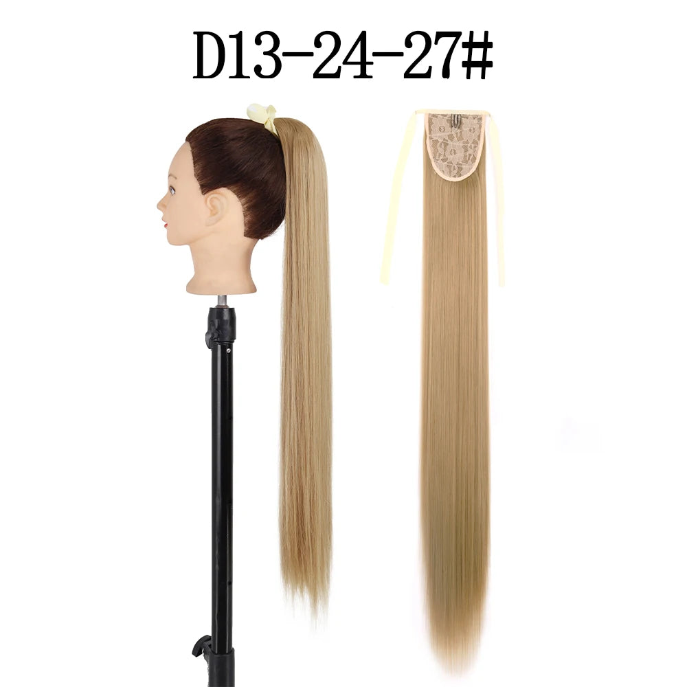 LISI GIRL Synthetic 34" 22" Long Straight Ribbon Fake Ponytails Clip on Hair Tail Extensions Black Hair Pieces With Hairpins