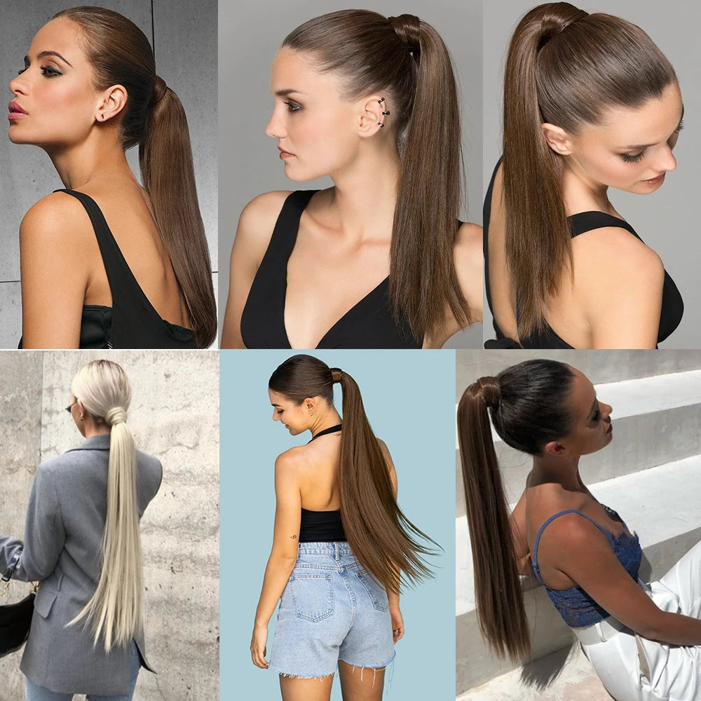 LISI GIRL Synthetic 34" 22" Long Straight Ribbon Fake Ponytails Clip on Hair Tail Extensions Black Hair Pieces With Hairpins