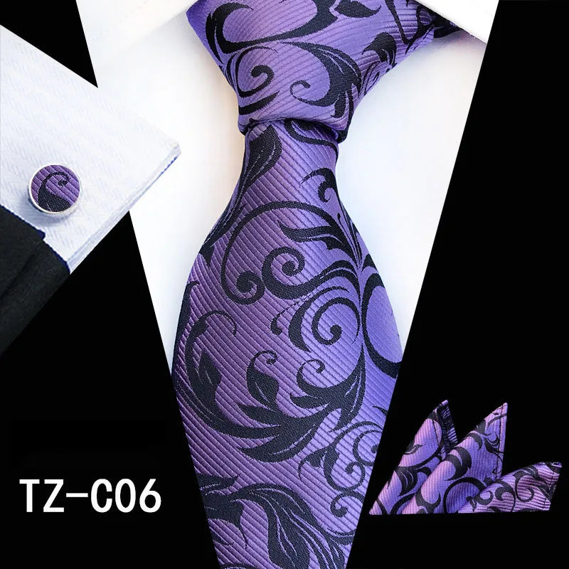 Ricnais Fashion 8cm Men's Silk Tie Set Red Green Floral Handkershief Cufflinks Necktie Suit Business Wedding Neck Ties Set Gift