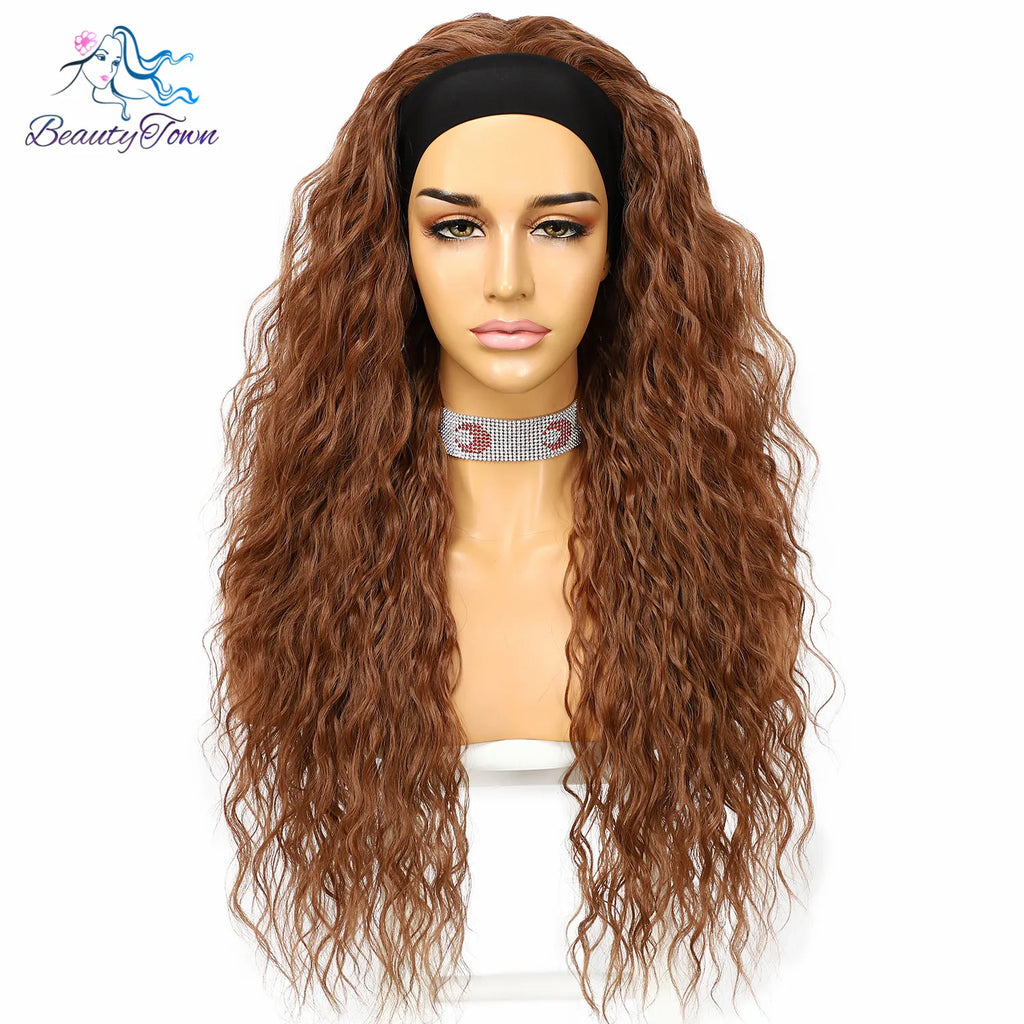 Synthetic Headband Wig for Women Kinky Curly Long Brown #30 Color Daily Wedding Party Travel Holiday Easy Wear Hair 2 Free Bands