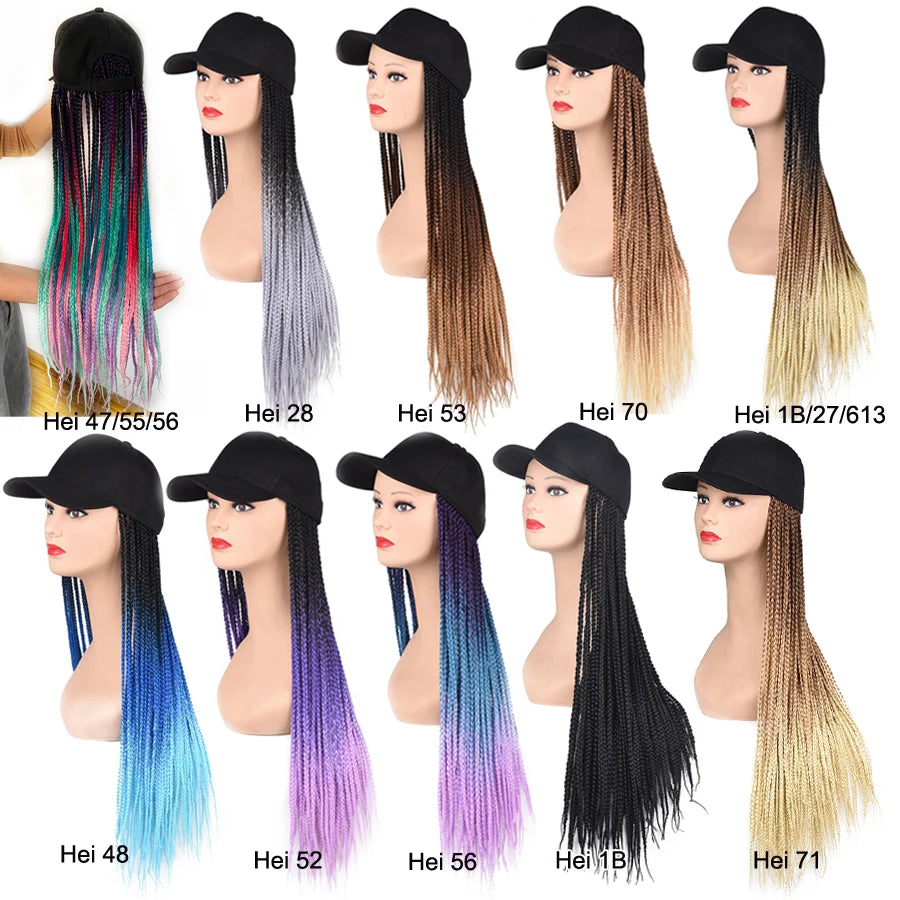 Synthetic Hat Wig Baseball Cap with Braiding Hair 24inch Long Braids Wigs Women Girls Daily Wear Ombre Blue Grey Brown Blonde