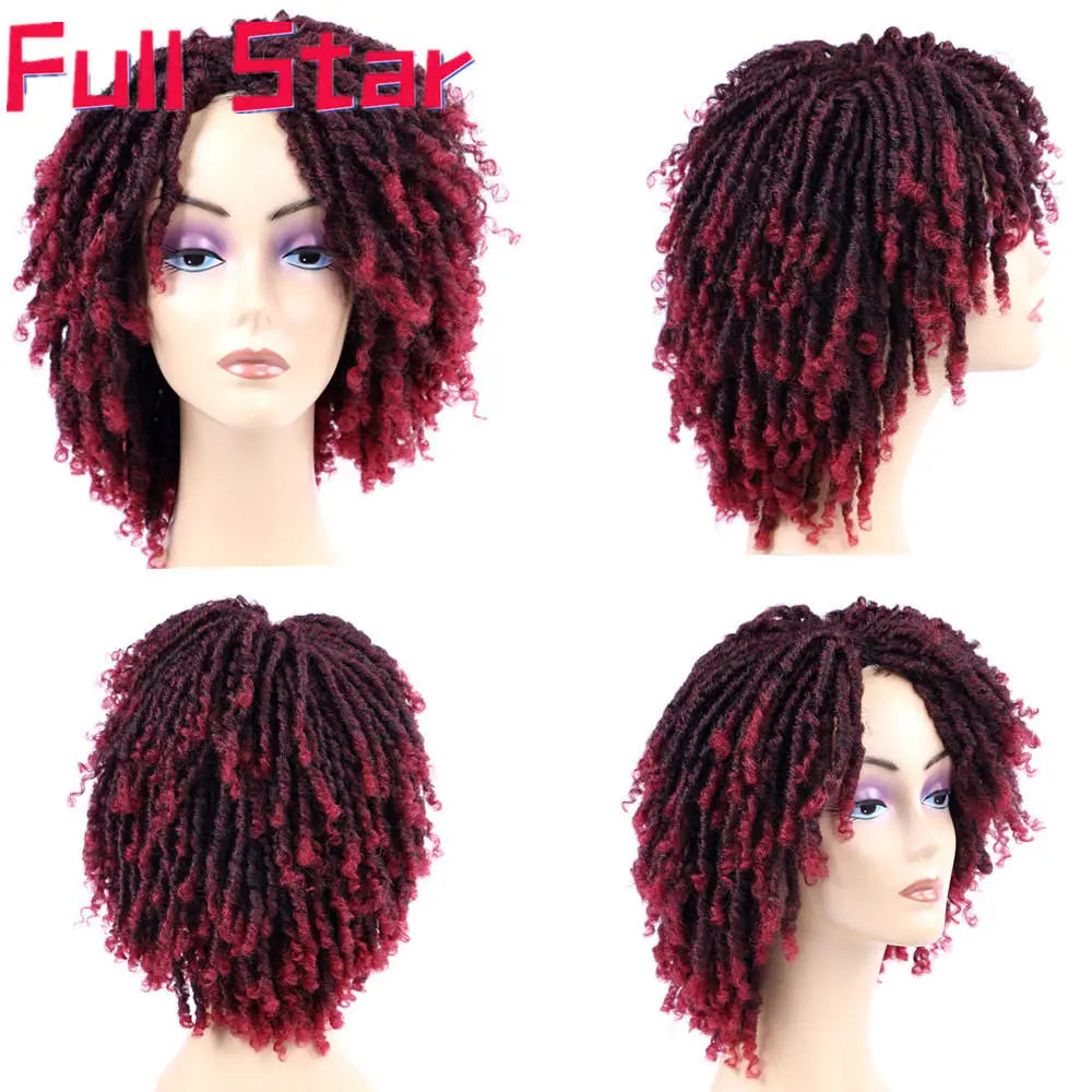 Full Star 14“ Dreadlock Curly Wigs for Black Woman Ombre Burgundy Brown Color Short Curly Soul Locs Braids Wigs Party Daily Use