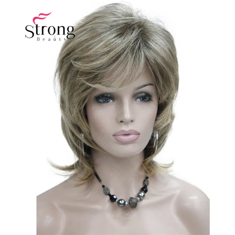 StrongBeauty Short Layered Brown with Blonde Highlighted Classic Cap Full Synthetic Wig Women's Hair Wigs for Women