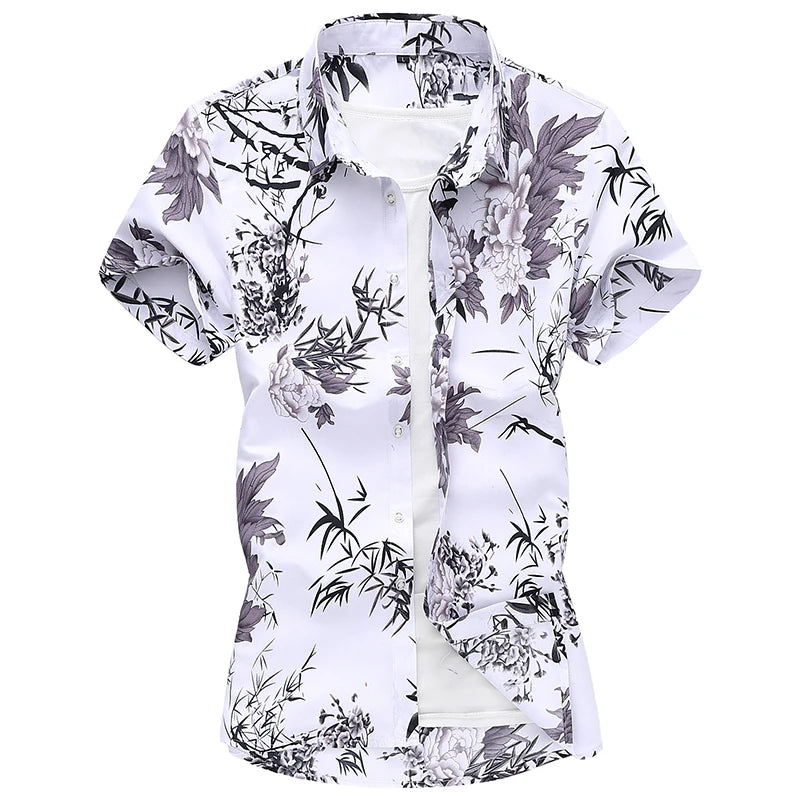 2026 Summer Mens Hawaiian Shirt, Printed Short Sleeve Asian Sizes Hawaii Rose Flower Beach Floral Patterns Shirts S-7XL