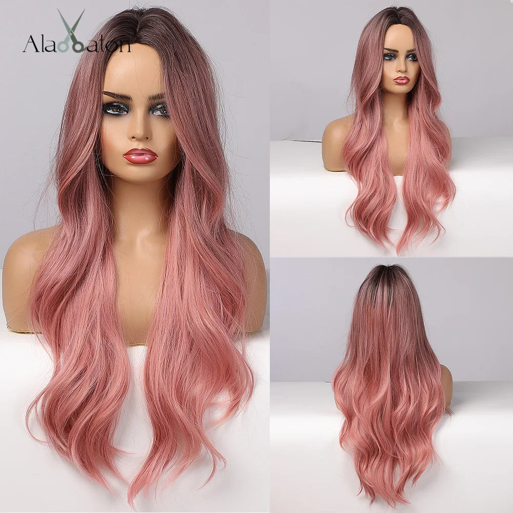 ALAN EATON Long Wave Dark Brown Synthetic Wigs for Black Women Middle Parted Wigs with Highlights Cosplay Hair Heat Resistant