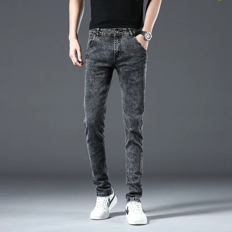 Trendy Men Skinny Jeans Retro Washed Snowflake Slim Fit Type Classic Simple Casual Fashion Street Skateboarding Denim Pants
