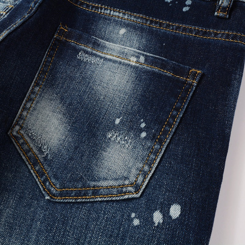 Washed and Made Old Cat Whisker Patch Ripped Elastic Slim Pants Ink Splashing Jeans for Men