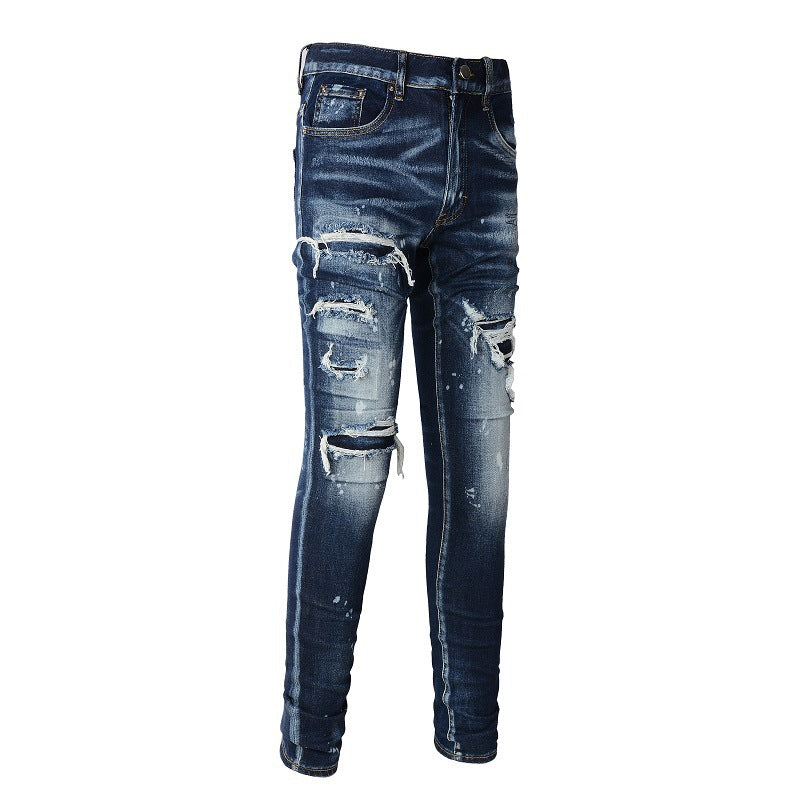 Washed and Made Old Cat Whisker Patch Ripped Elastic Slim Pants Ink Splashing Jeans for Men