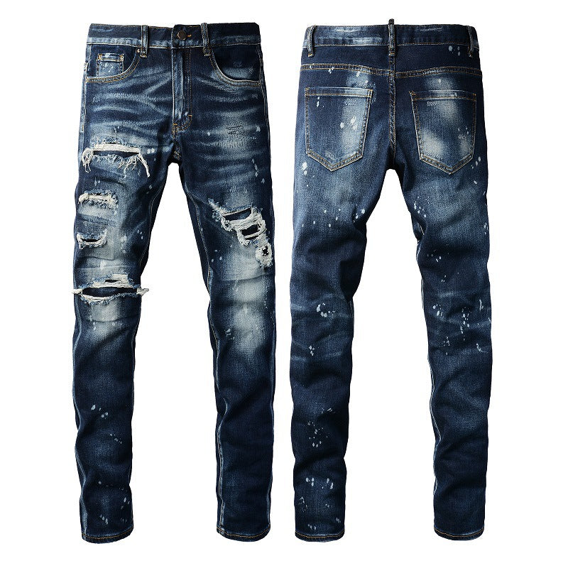 Washed and Made Old Cat Whisker Patch Ripped Elastic Slim Pants Ink Splashing Jeans for Men