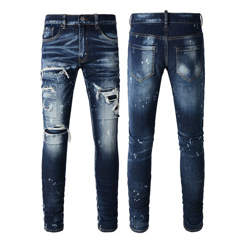 Washed and Made Old Cat Whisker Patch Ripped Elastic Slim Pants Ink Splashing Jeans for Men