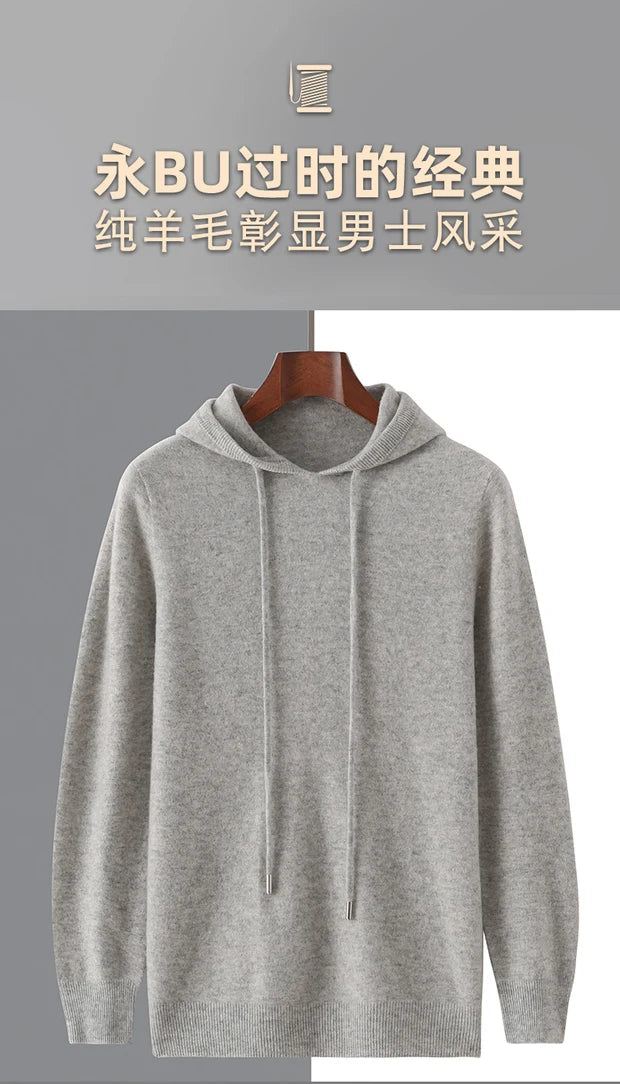 Men's Autumn Winter 100% Merino Wool Sweater Hooded Collar Knitted Pullover Cashmere Sweatshirt Casual Large Tops Long Sleeved