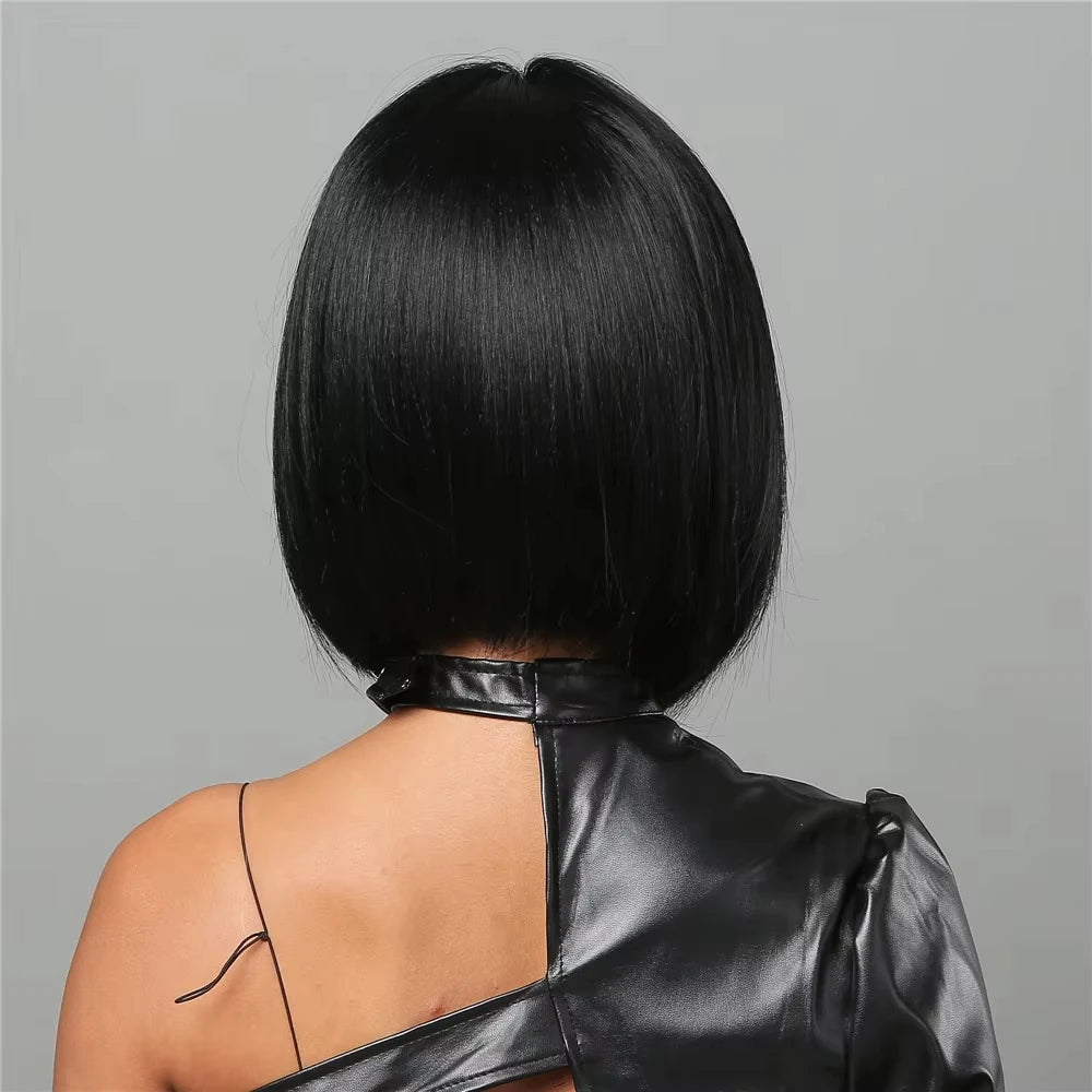 Black Bob synthetic wig women naturally split short straight hair holiday party daily wear high temperature silk wig