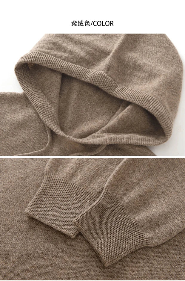 Men's Autumn Winter 100% Merino Wool Sweater Hooded Collar Knitted Pullover Cashmere Sweatshirt Casual Large Tops Long Sleeved