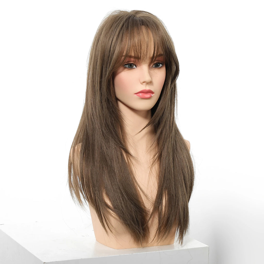 EASIHAIR Brown Straight Layered Wigs for Women Long Natural Hair Synthetic Wigs With Bangs Daily Use Party Heat Resistant Wigs