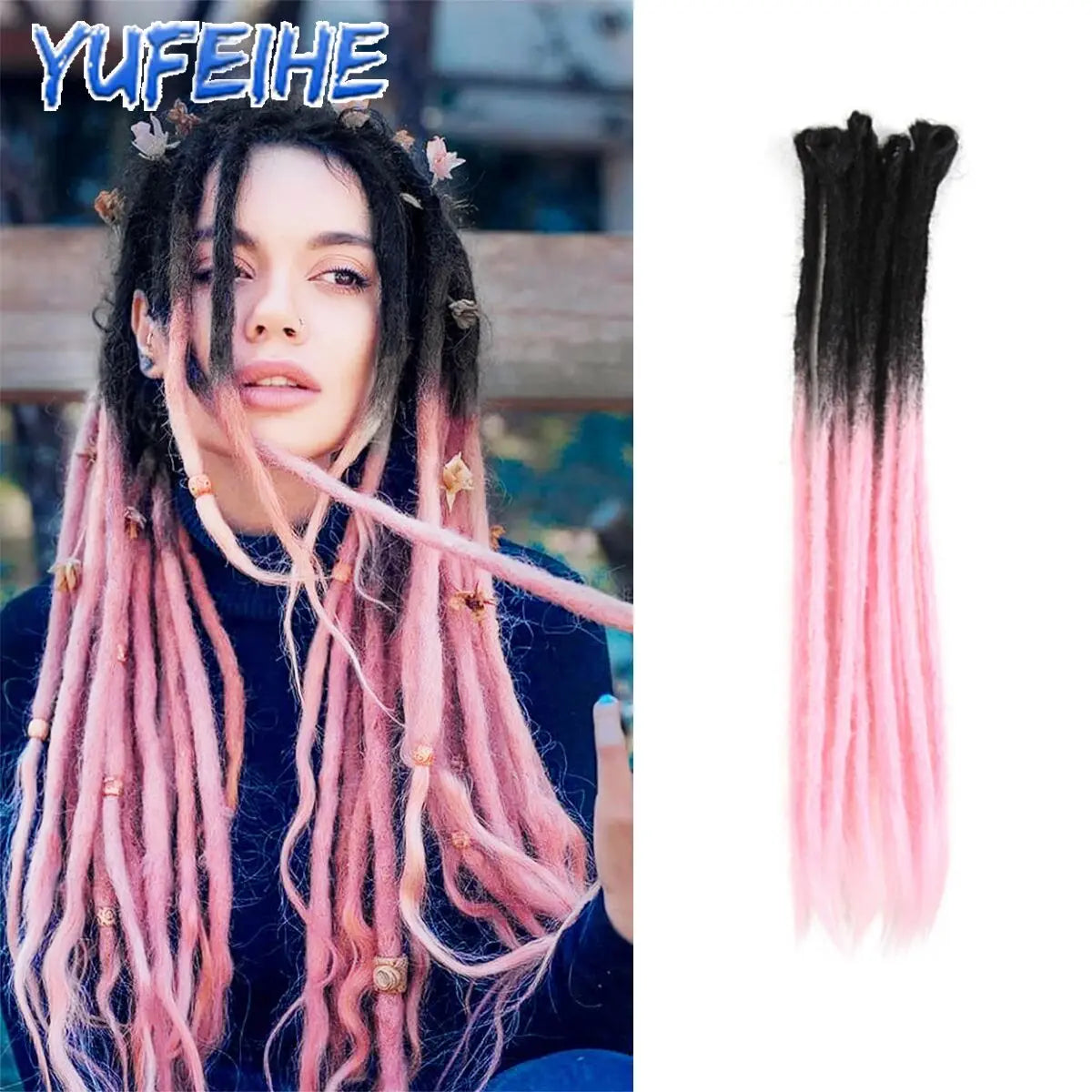 Dreadlocks Extensions Thin 0.7cm Width Synthetic Crochet Braids Hair Dreads Fake Hair Ombre Mint Green Reggae Hip Hop Style Pink
