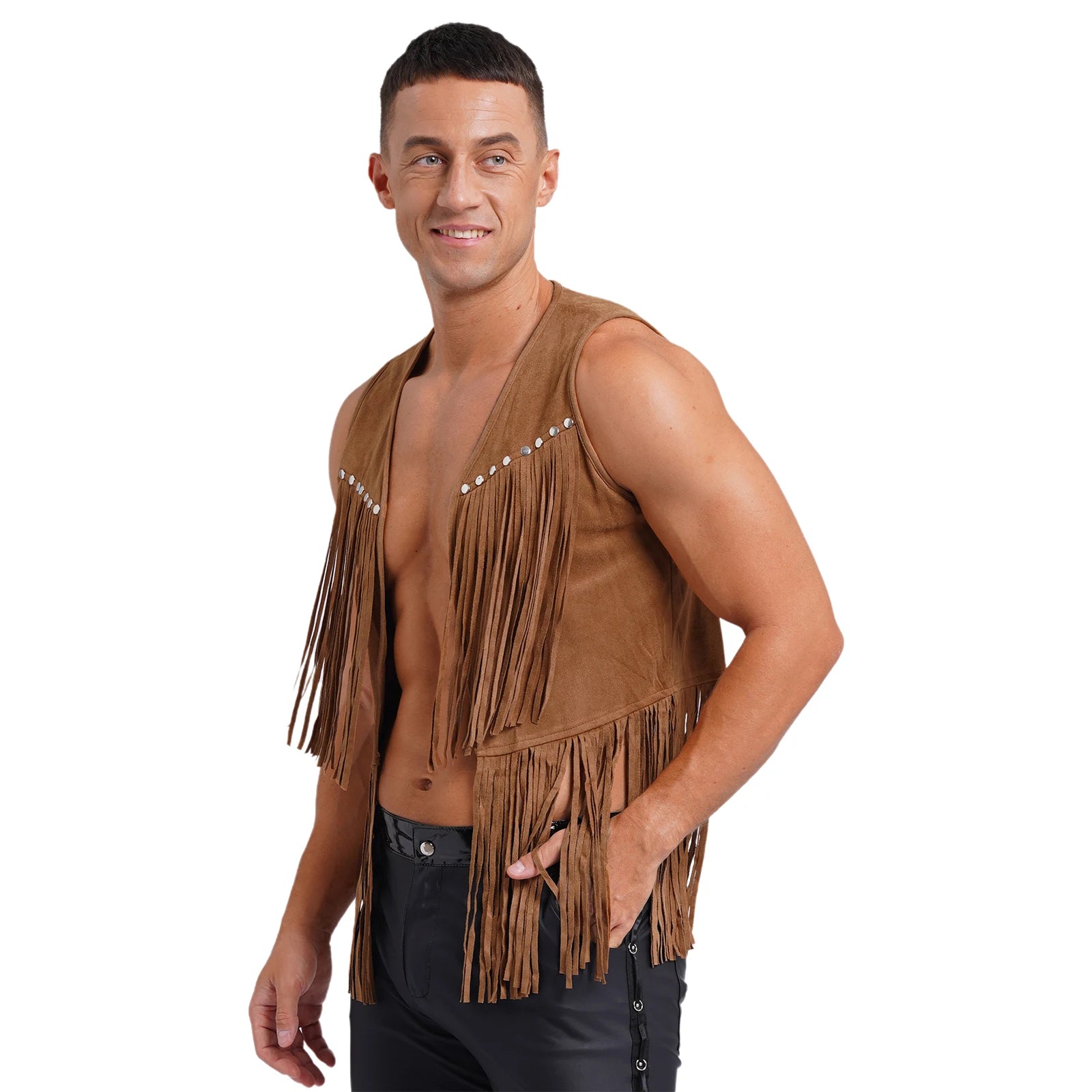 Mens Faux Suede Tassel Vest Coat Punk Western Cowboy Costume Fashion Rivets Fringe Waistcoat Open Front Sleeveless Jacket Tops