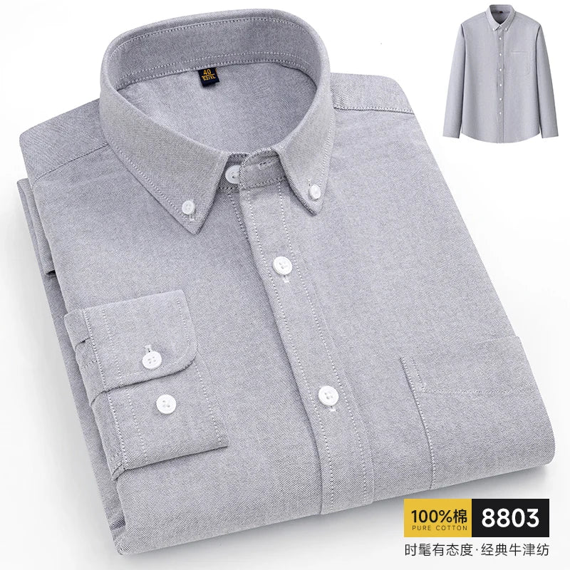 100% Pure Cotton Men Shirts Long Sleeve Dress Shirts Male Slim Social Business Blouse Solid Color Oxford Shirt 8XL 10XL 11XL