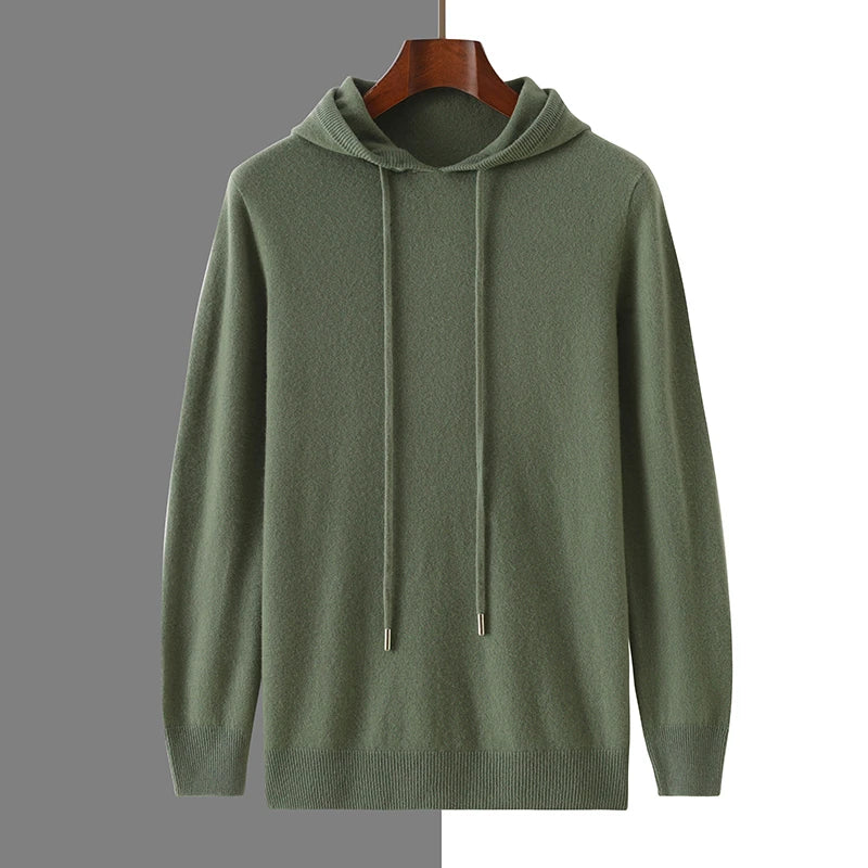 Men's Autumn Winter 100% Merino Wool Sweater Hooded Collar Knitted Pullover Cashmere Sweatshirt Casual Large Tops Long Sleeved
