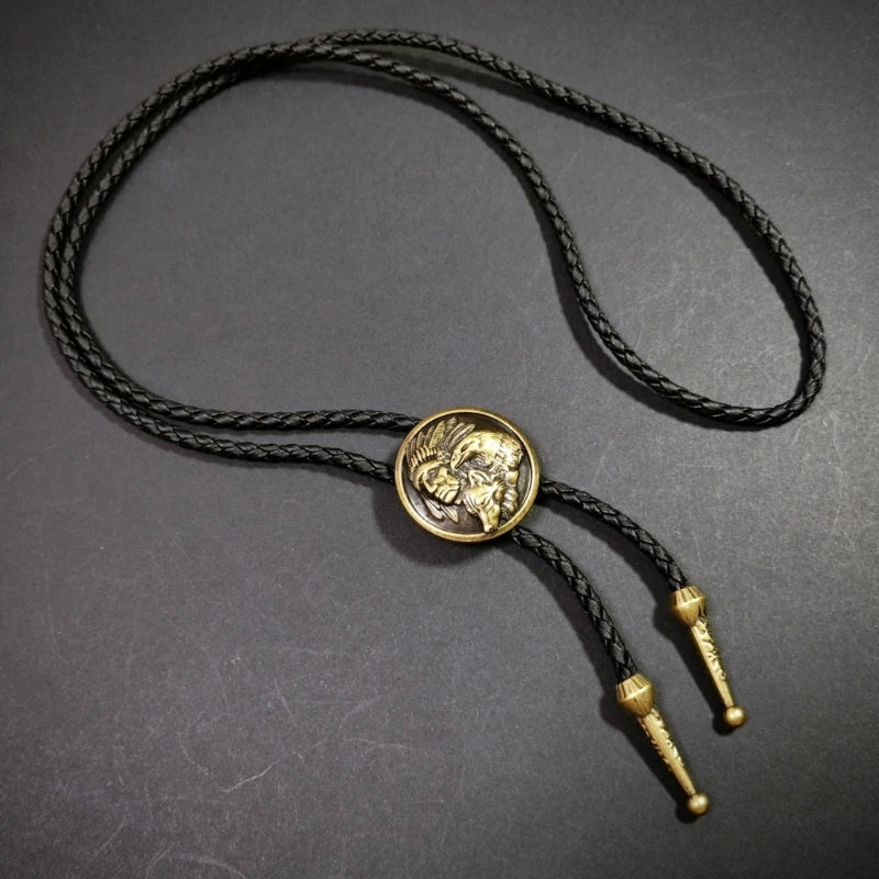 Unisex Metal Pendant Bolo Tie Western Leather Cord Adjustable Necktie Necklace