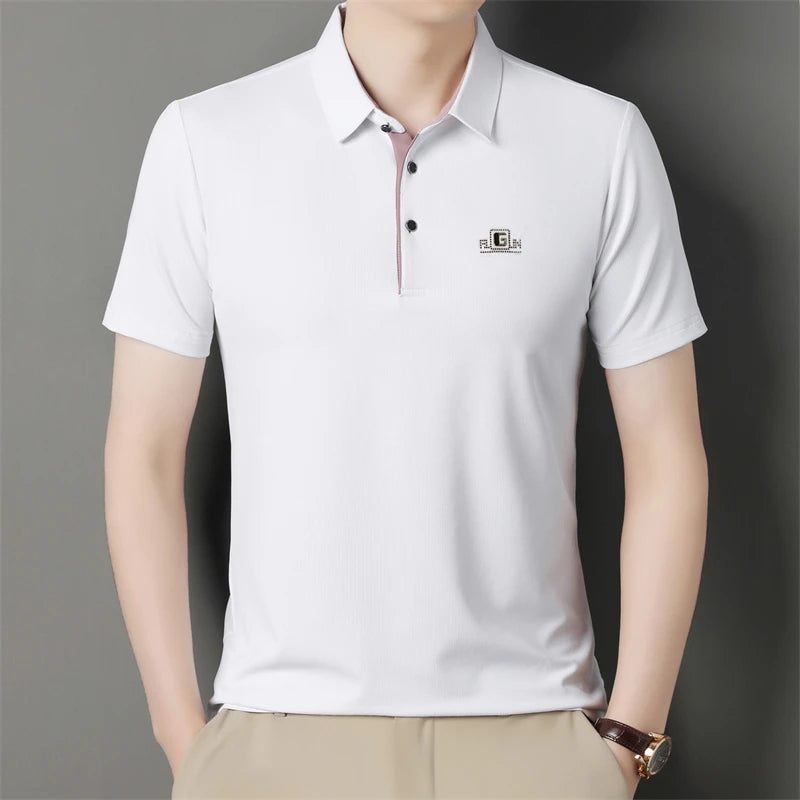 New Men's Business Casual Short Sleeved Shirt with Badge Solid Color Polo Shirt Fashionable Breathable Comfortable Versatile Top