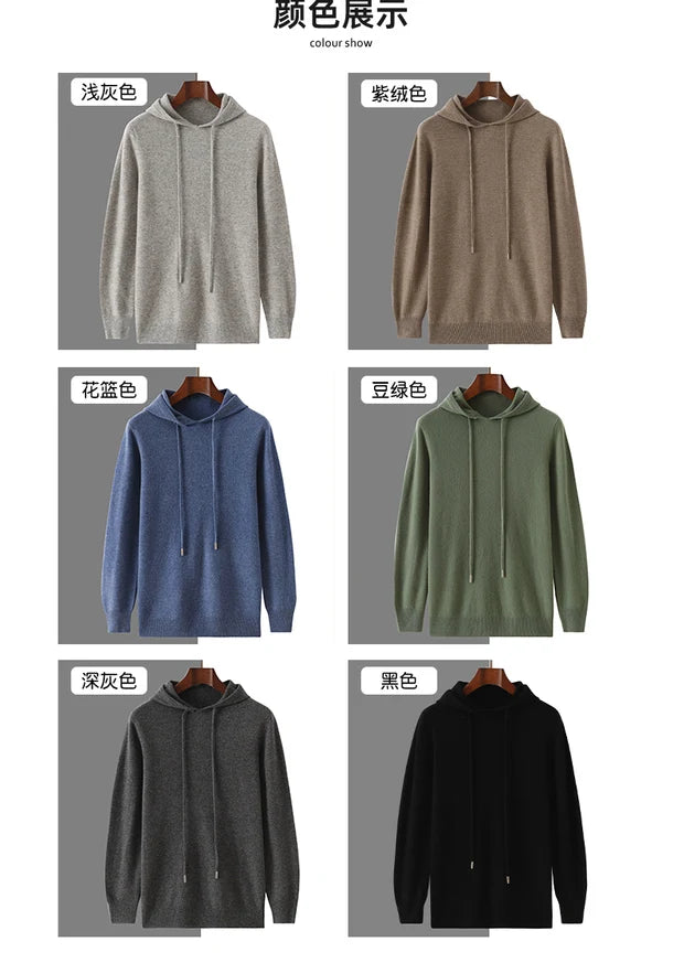 Men's Autumn Winter 100% Merino Wool Sweater Hooded Collar Knitted Pullover Cashmere Sweatshirt Casual Large Tops Long Sleeved