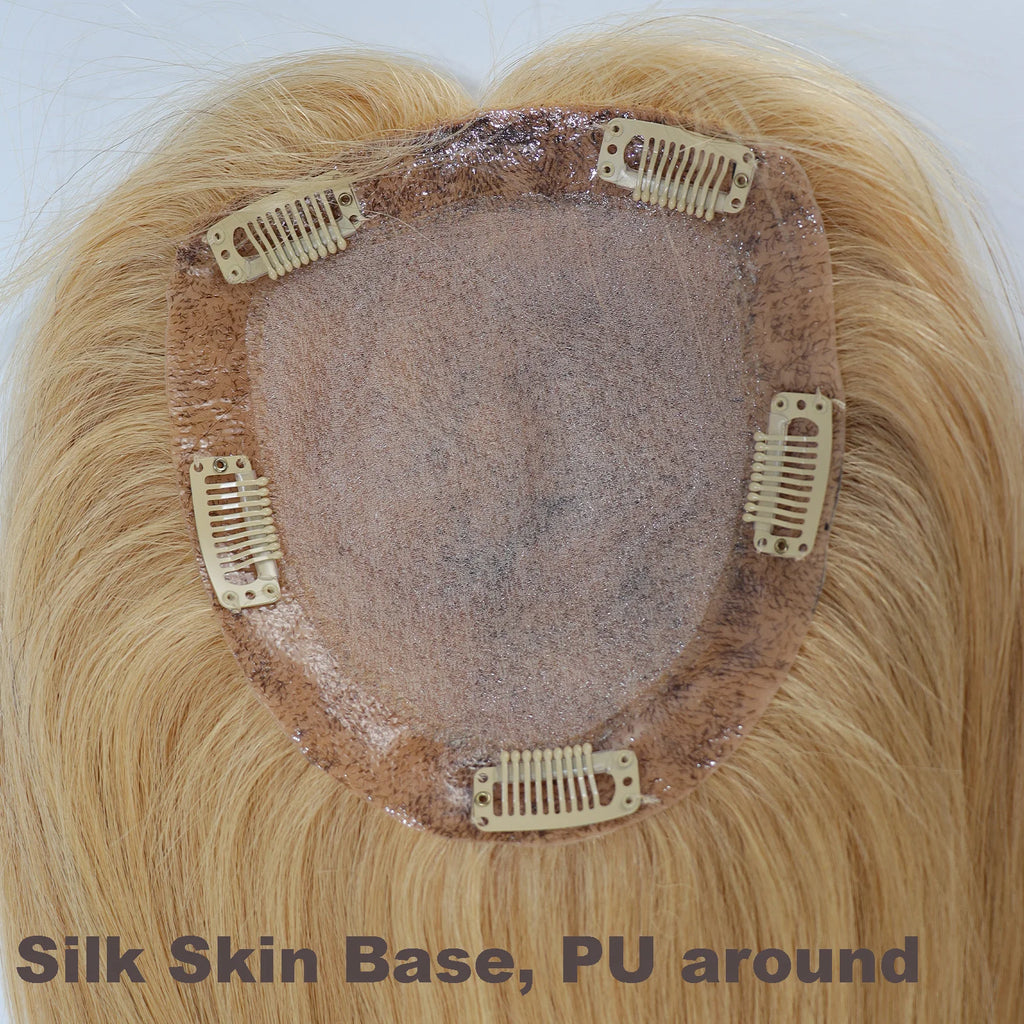 6x6" Golden Blonde Virgin Human Hair Topper Silk Skin Base Women Toupee Silk Top Hair Cover with Clips in & PU Edges Color #27