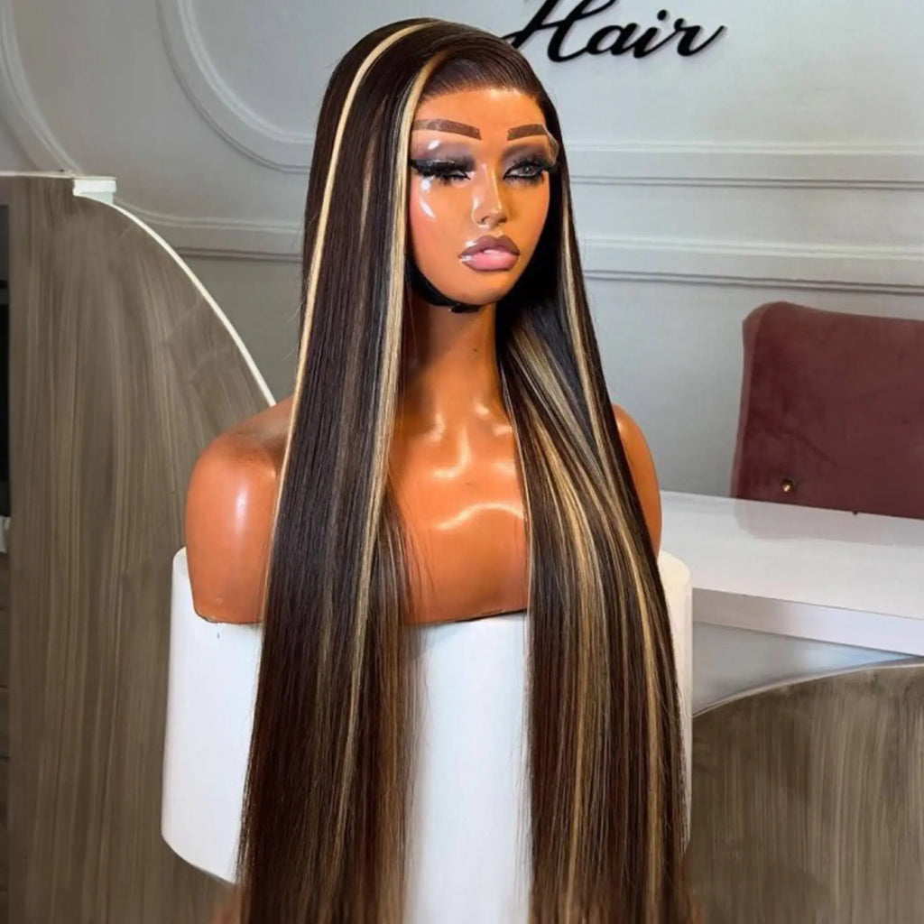 Long Silky Straight Highlight Honey Blonde Ombre Color Synthetic 13X4 HD Lace Frontal Wig Prepucked With Baby Hair Glueless Wig