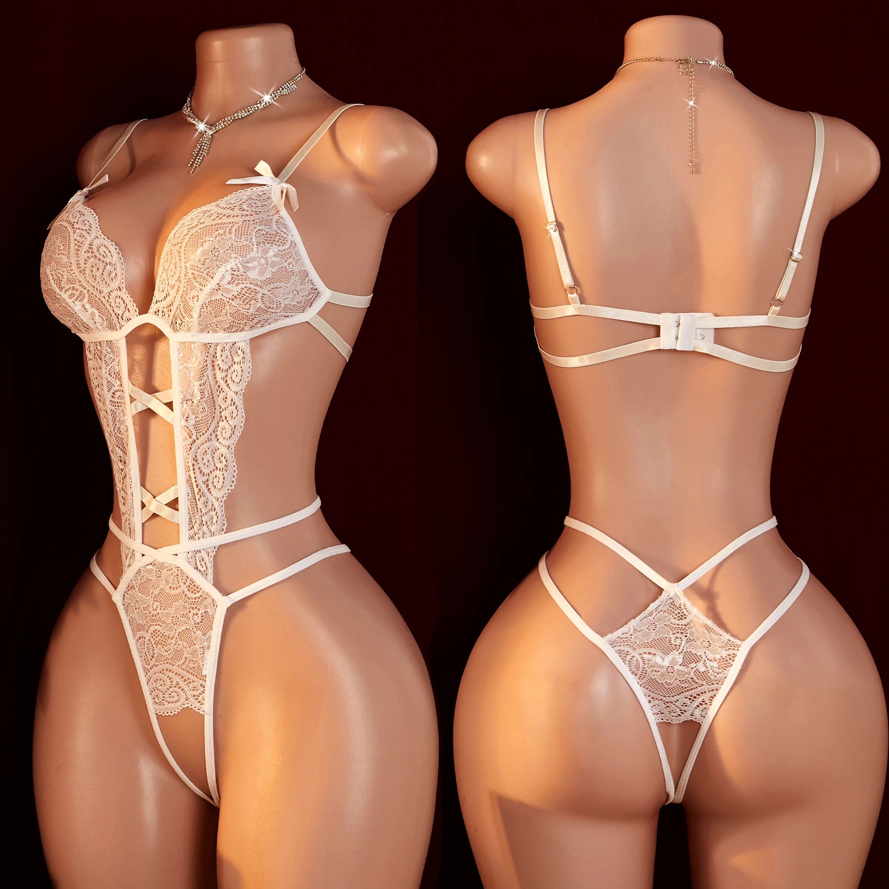 Hot Sexy Crotchless Lingerie Set Combination Women Lace Hollow Bodysuit Teddy Babydoll Dress Deep V Open Bra Erotic Underwear