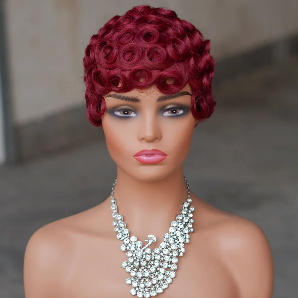 Premium Short Pixie Wig for Black Women 99J Brazilian Virgin Remy Hair Natural Small Curls Comfortable & Durable