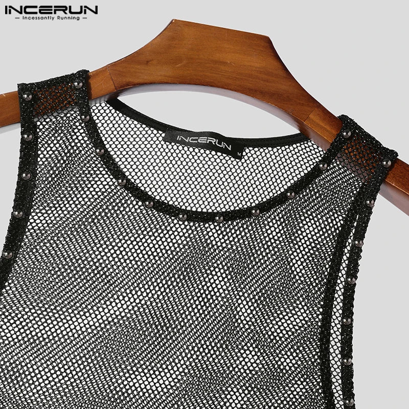 2025 INCERUN Sexy Tops Summer Sleeveless Mesh See-through Tank Tops Streetwear Oversized Tee Men's Clothing
