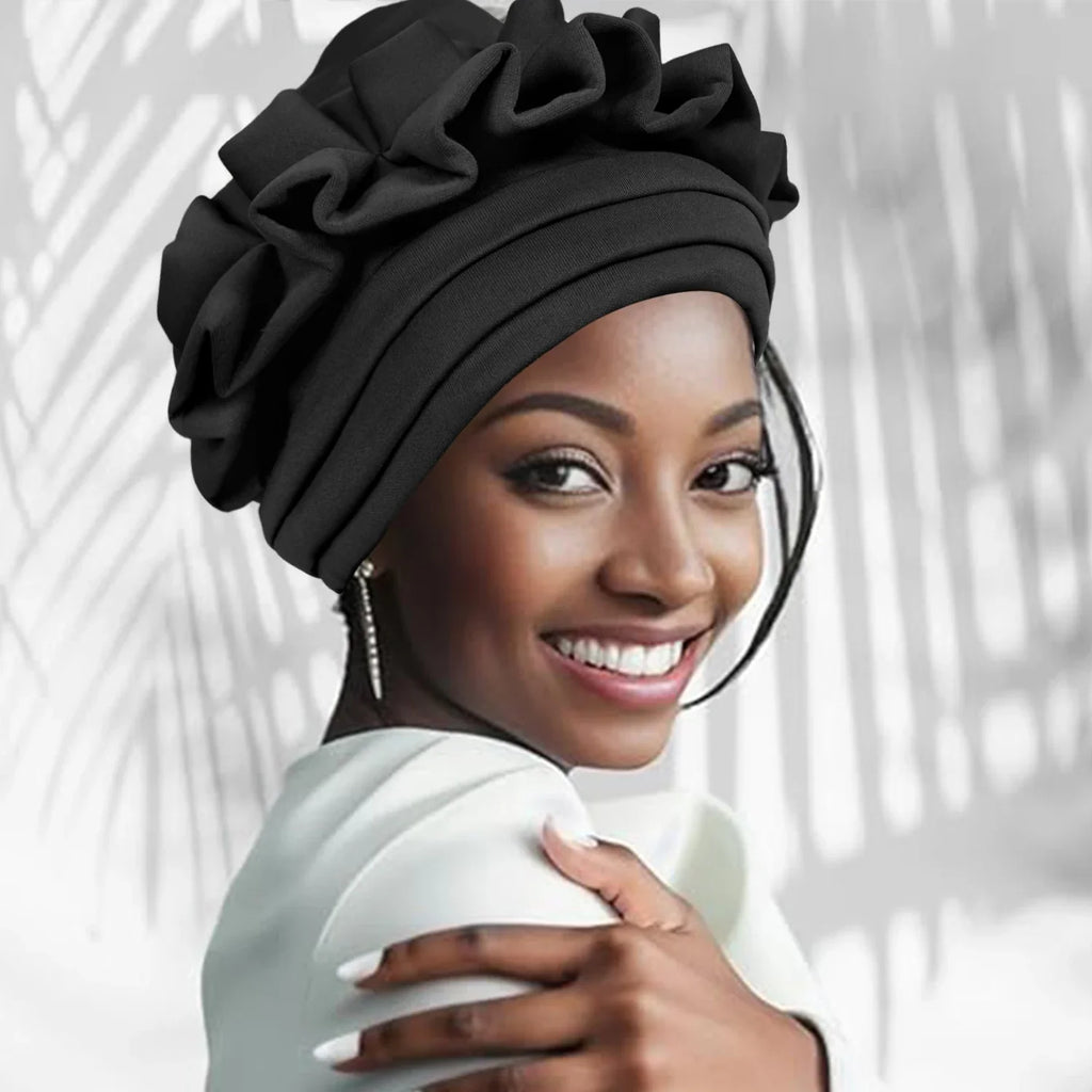 New Raw Silk Pleated Turban Cap for Women African Female Head Wraps Nigeria Lady Headwear Hat Wedding 3-layer Brim Headtie Gift