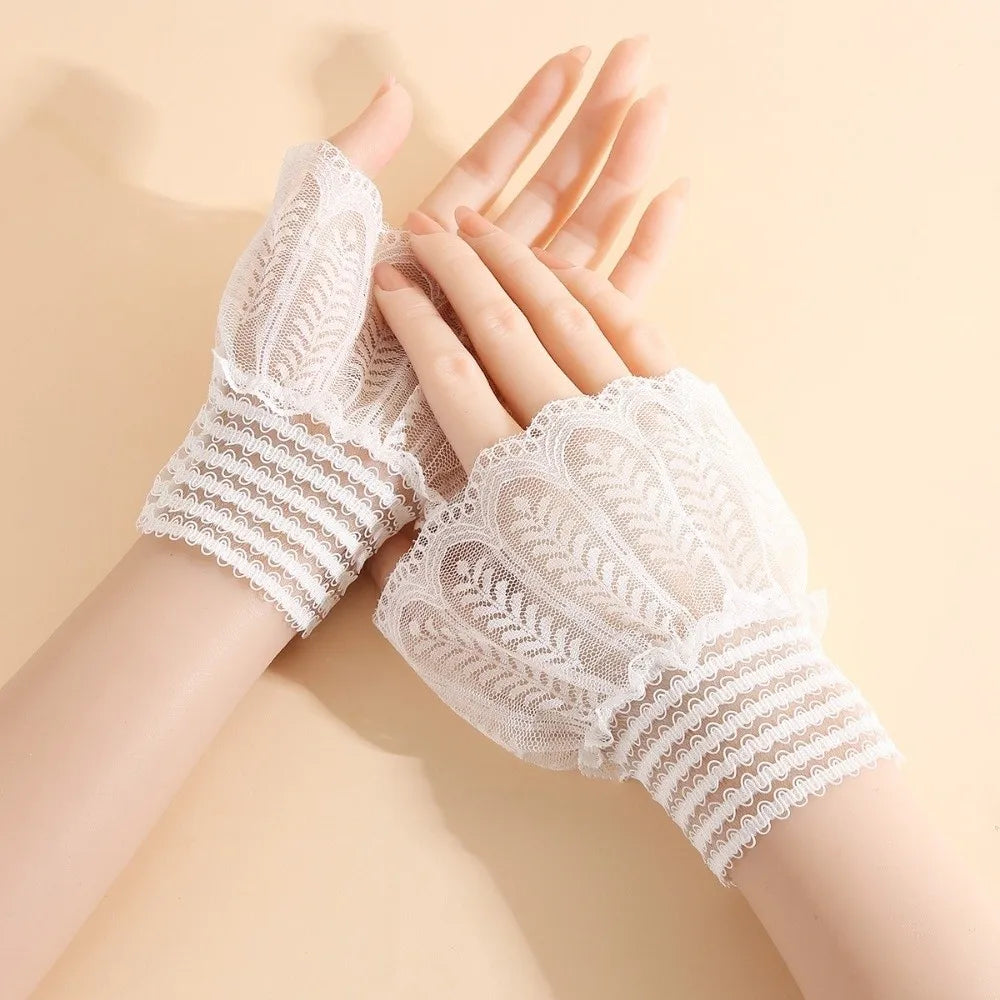 1 Pair Versatile Elegant Fake Cuffs Embroidery Pattern Detachable Lace Sleeves Solid Color Thin False Cuffs For Women