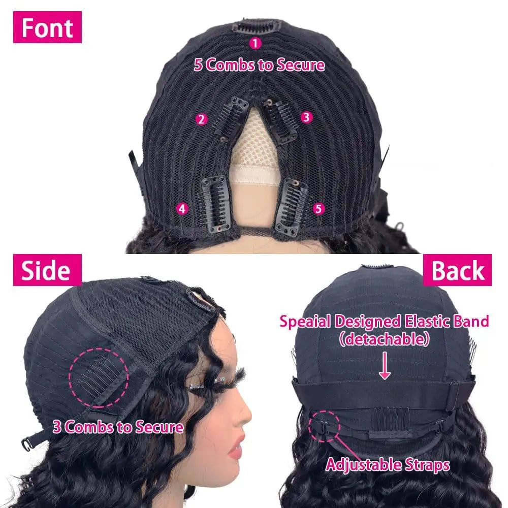 24 In Water Wave V Part Wig Peruvian Full Machine Wigs For Black Women Human Hair 180% Density Natural Black Color