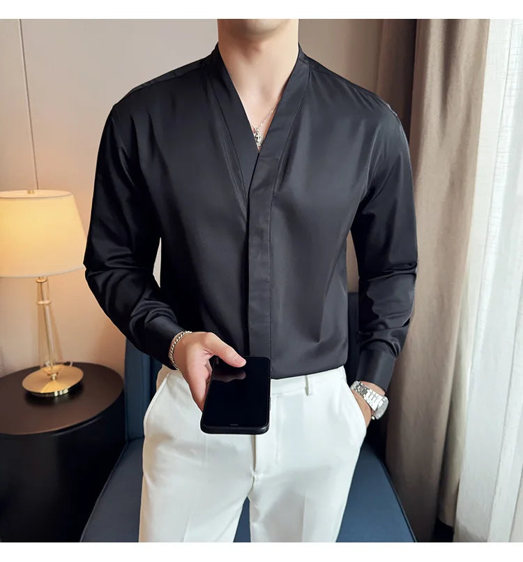 High Quality Collarless Shirts Men Fashion Slim Fit Long Sleeve Casual Shirts Business Office Social Formal Shirt Men Clothig